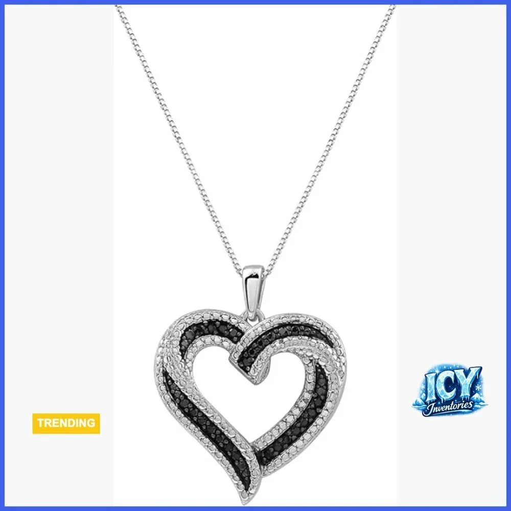 Sterling Silver Necklace with Black Diamond Heart Pendant, 18-inch Chain